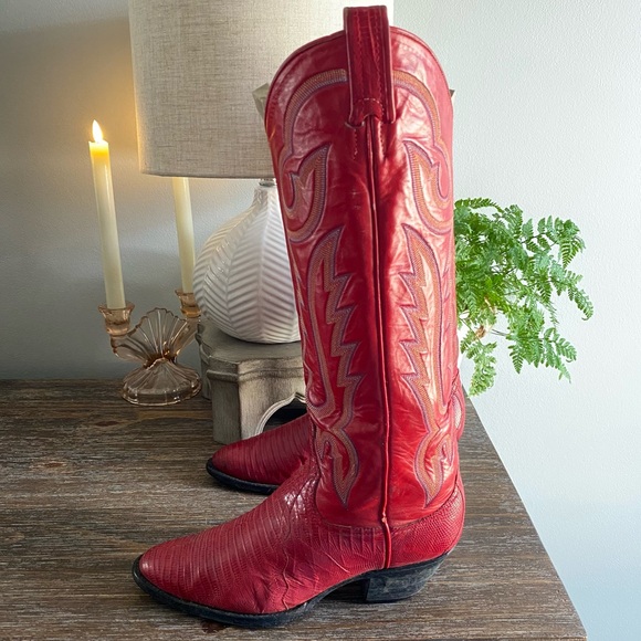 Vtg LARRY MAHAN 80s Exotic Lizard Tall Western Cowboy Cowgirl Boots 8 B Red - Picture 4 of 16